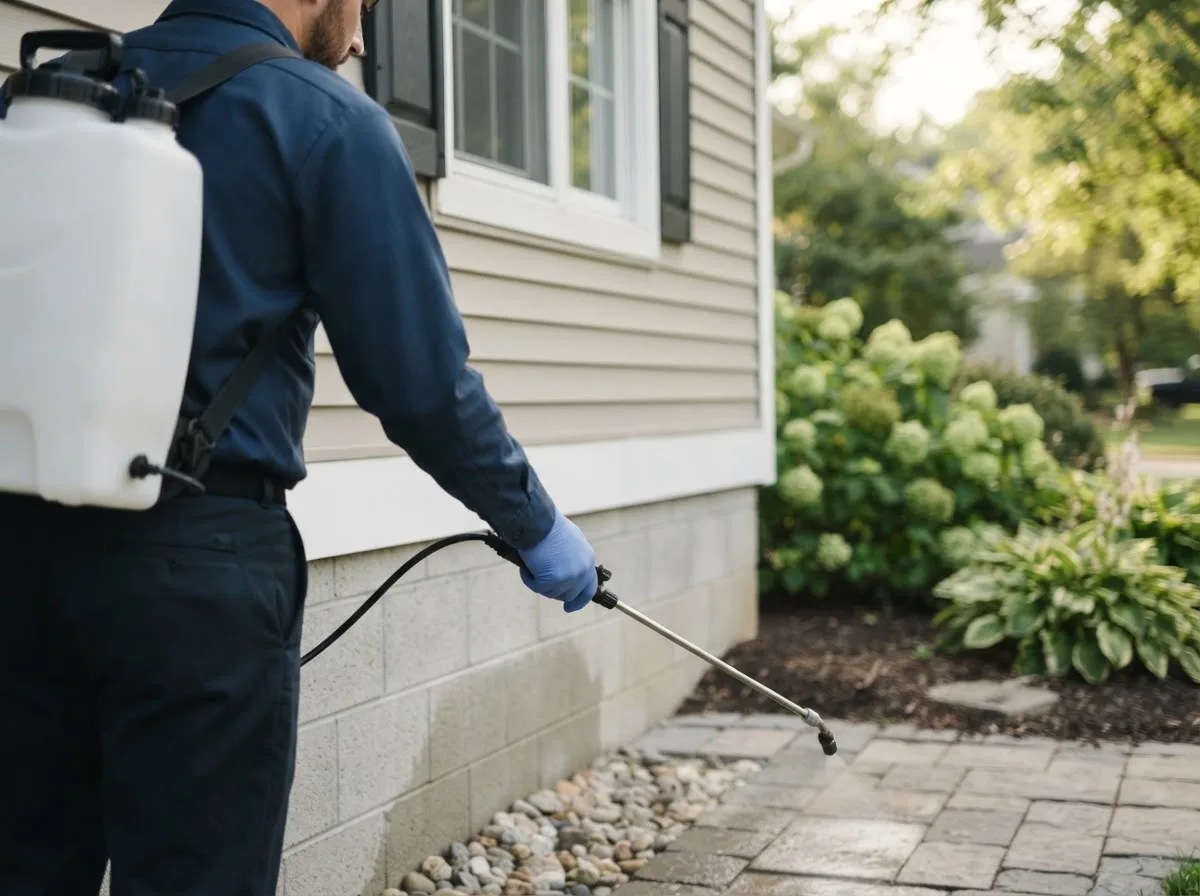 Pest control technician inspecting a home in Bannock, OH